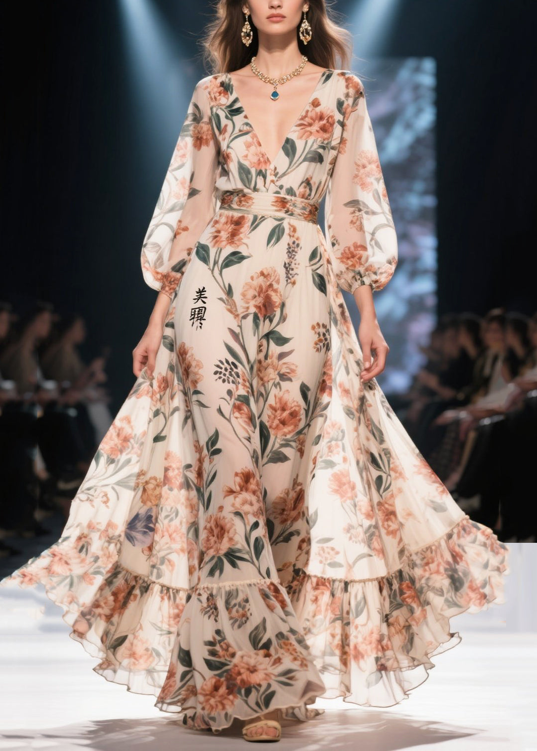 Apricot Print Chiffon Long Dress Exra Large Hem Summer