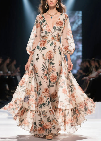 Apricot Print Chiffon Long Dress Exra Large Hem Summer
