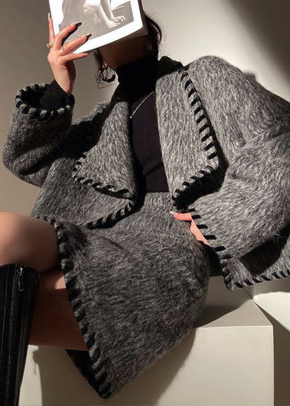 Loose Grey Pockets Patchwork Coat and Skirts Wool Two Pieces Set Long Sleeve