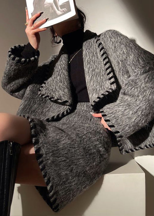 Loose Grey Pockets Patchwork Coat and Skirts Wool Two Pieces Set Long Sleeve