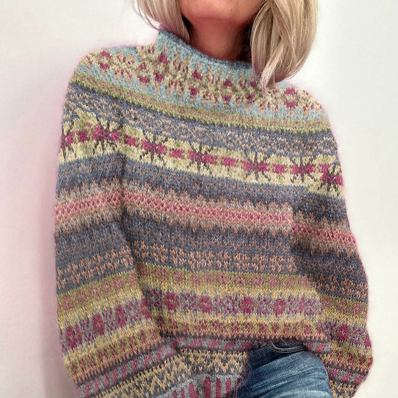 Cotton Knit Sweater with Pastel Marled Stripes and Mock Neck
