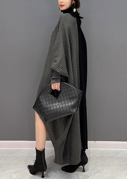 Red Black Hign Neck Asymmetrical Patchwork Knit Dresses Batwing Sleeve
