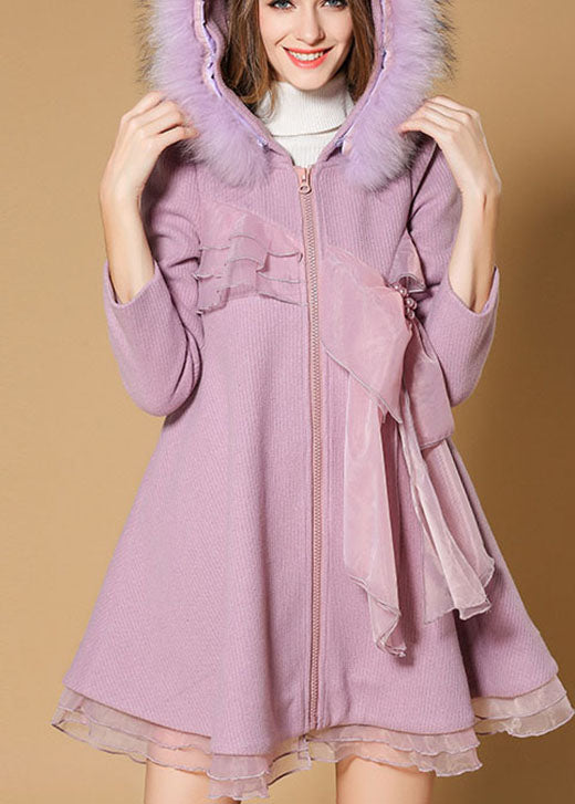 Unique Pink Pockets Slim Fit Fur Collar Fall Woolen Coat