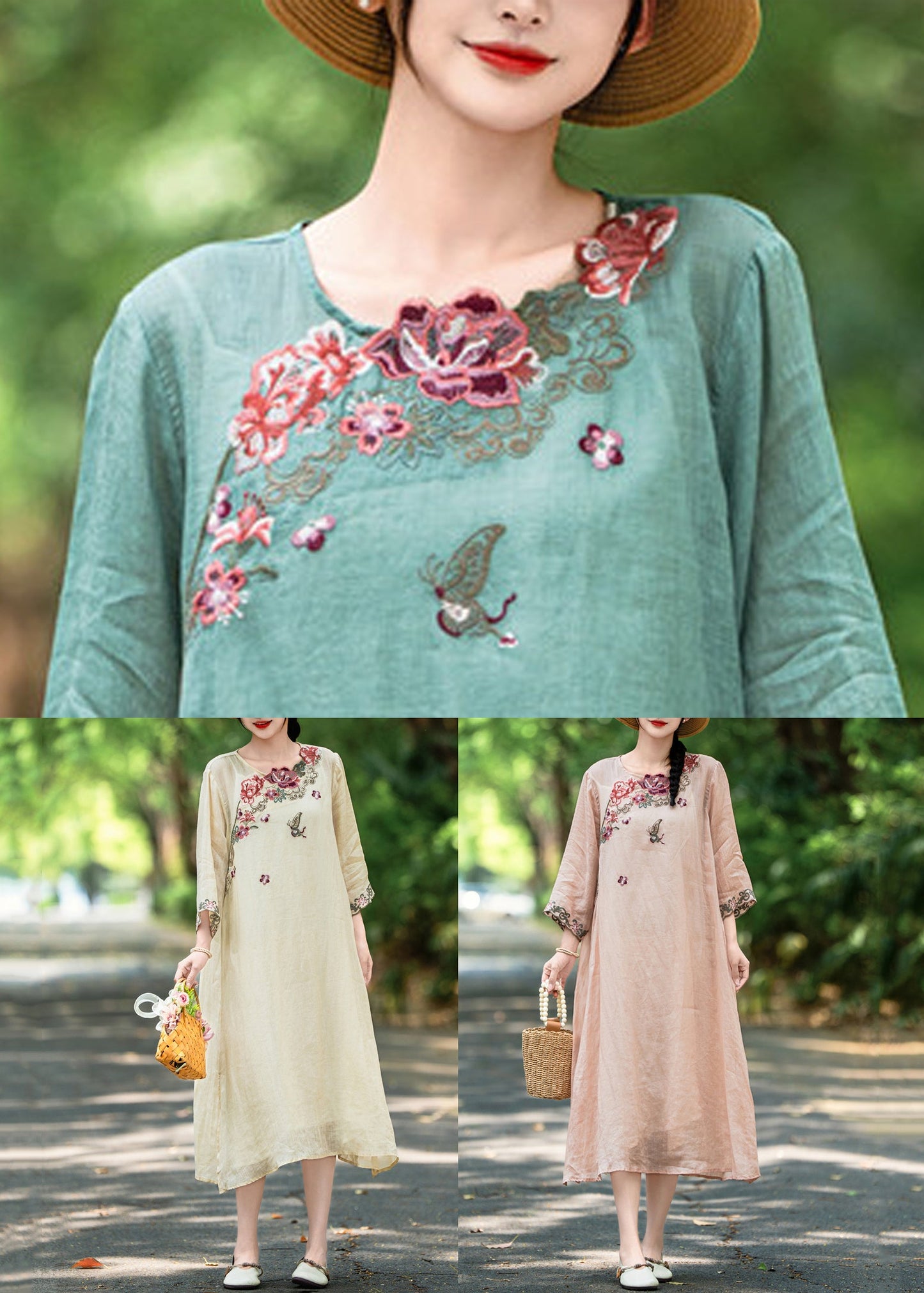 French Green O Neck Embroidered Side Open Linen Dress Bracelet Sleeve