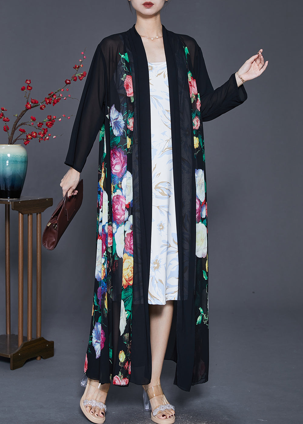 Fine Black Oversized Print Chiffon Upf 50+ Coat Cardigan Spring