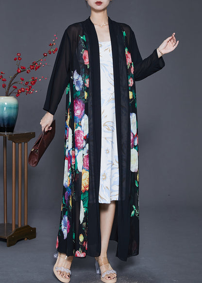 Fine Black Oversized Print Chiffon Upf 50+ Coat Cardigan Spring