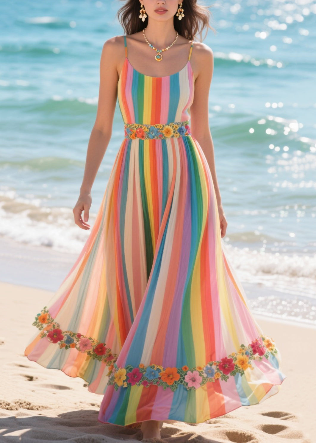 Rainbow Striped Patchwork Flower Chiffon Sundress Summer
