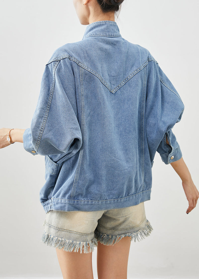 Blue Stand Collar Oversized Denim Coat Fall