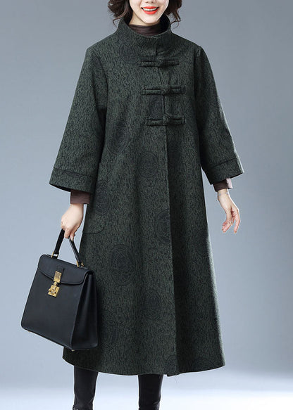 Green Chinese Button Print Pockets Patchwork Woolen Long Trench Coat Fall