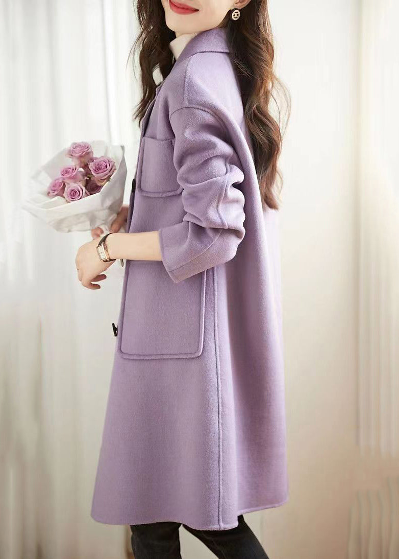Purple Double Breast Pockets Patchwork Woolen Coats Fall