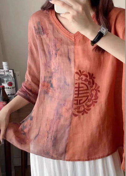 Orange V Neck Embroideried Print Patchwork Linen Shirt Tops Summer