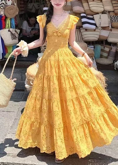 Yellow Embroidered Cotton Robe Dresses Summer
