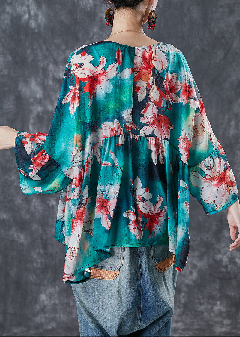 Modern Green Oversized Print Cotton Tops Fall