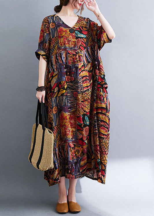 Colorblock V Neck Print Cotton Maxi Dresses Short Sleeve