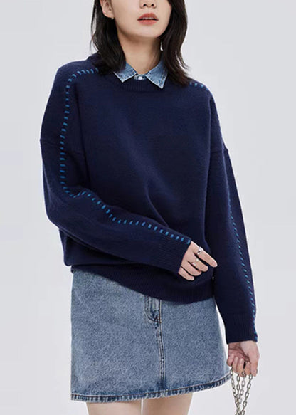 Italian Navy O-neck Thick Patchwork Woolen Sweater Tops Fall