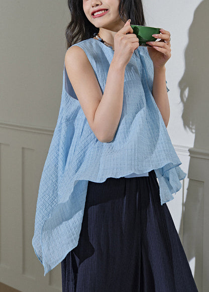 New Light Blue Asymmetrical Cotton Top Sleeveless