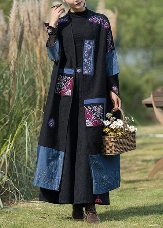 Black Embroideried Denim Patchwork Long Cardigan Fall
