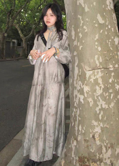 Grey V Neck Print Patchwork Silk Holiday Maxi Dress Long Sleeve