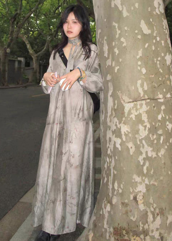 Grey V Neck Print Patchwork Silk Holiday Maxi Dress Long Sleeve