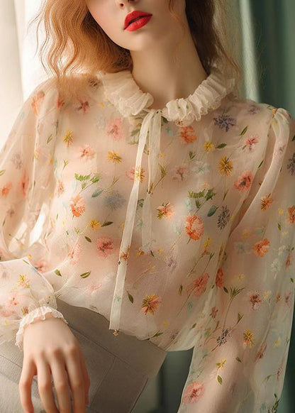 Ruffled Lace Up Print Chiffon Shirt Fall