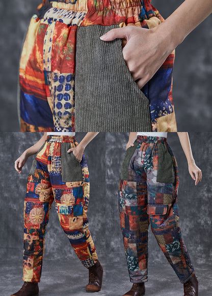 Black Print Thick Fine Cotton Filled Pants Pockets Winter