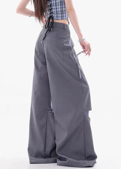 Grey Zippered Patchwork False Two Pieces Cotton Fall Pants Hole