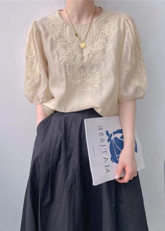Apricot O-neck Embroideried Silk Blouse Top Half Sleeve
