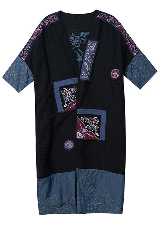 Black Embroideried Denim Patchwork Long Cardigan Fall