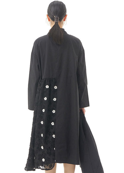 Black Patchwork Cotton Shirts Dresses Peter Pan Collar Spring