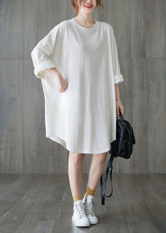 Classy White O-neck Loose a Line Dress Long Sleeve