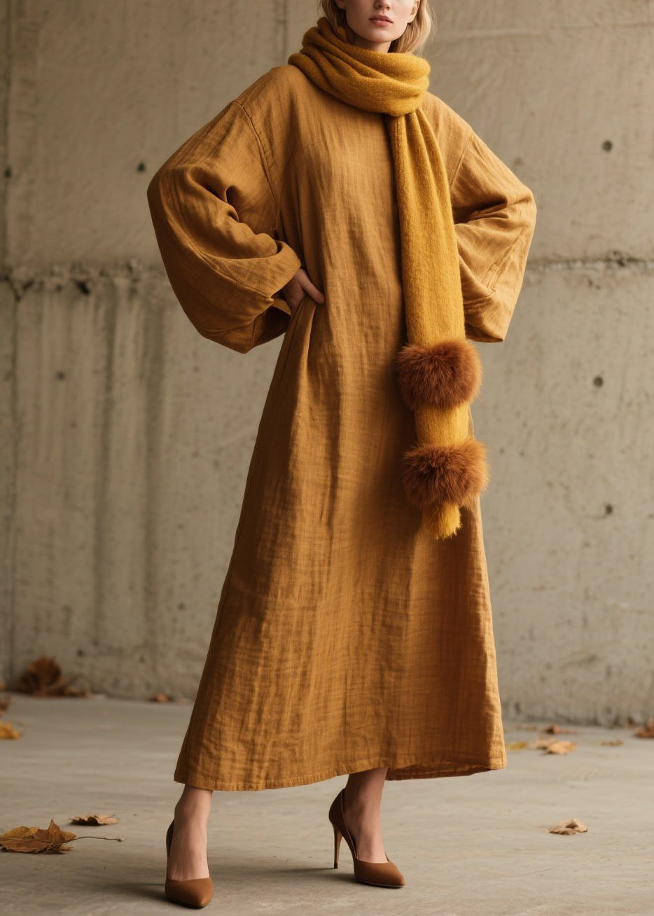 Simple Yellow O Neck Cotton Long Dress Lantern Sleeve Spring