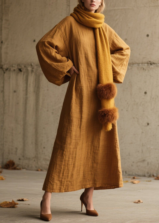 Simple Yellow O Neck Cotton Long Dress Lantern Sleeve Spring