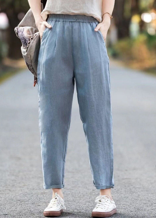 Simple Blue Pockets Elastic Waist Linen Pants Summer