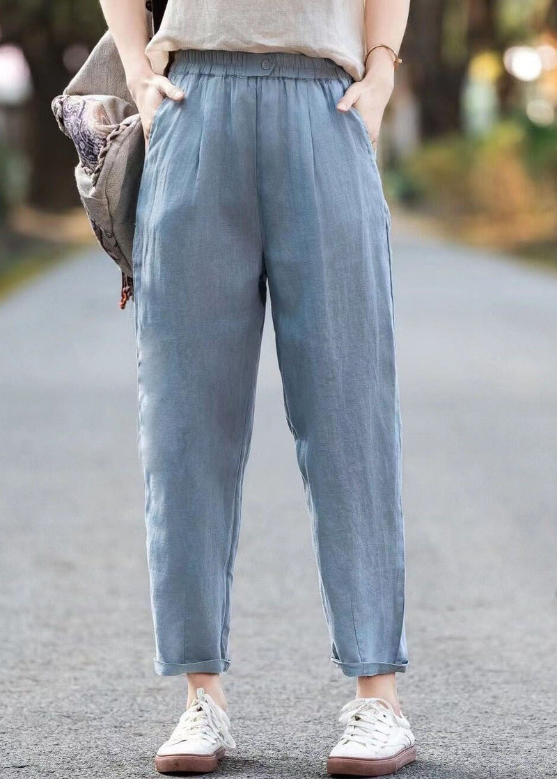 Simple Blue Pockets Elastic Waist Linen Pants Summer
