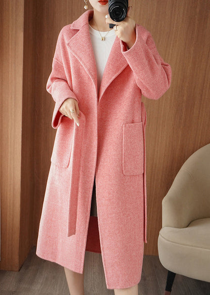 Pink Notched Tie Waist Woolen Maxi Coat Fall