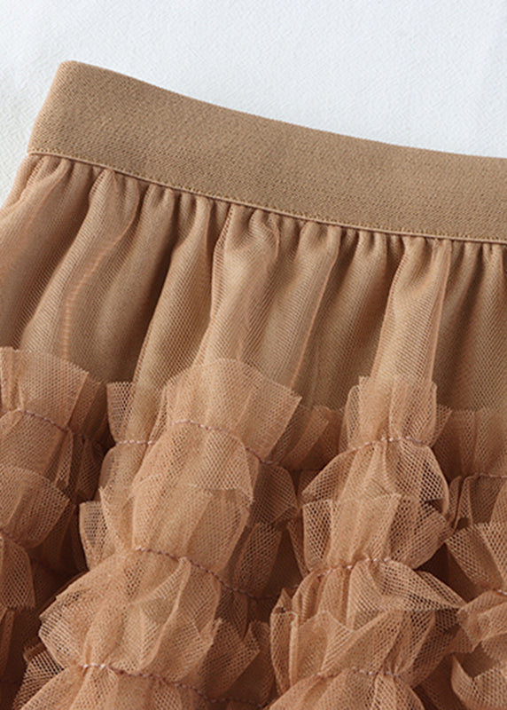 Ruffled Patchwork Elastic Waist Tulle a Line Skirt Spring