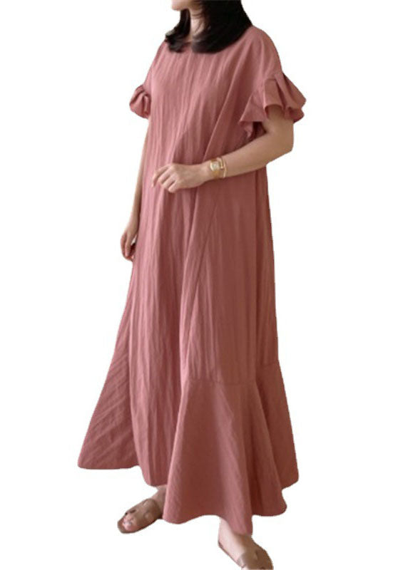 Pink O-neck Ruffled Patchwork Cotton Dresses Summer