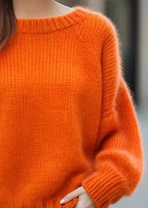 Simple Orange O Neck Cozy Cotton Knit Sweaters Long Sleeve
