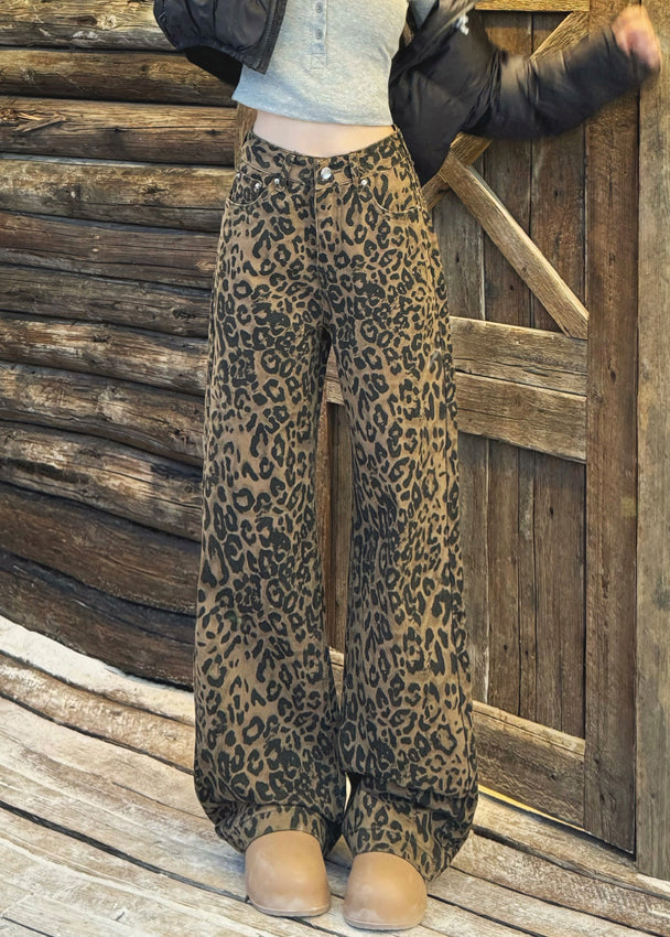 Leopard Pockets High Waist Warm Fleece Wide Leg Pants