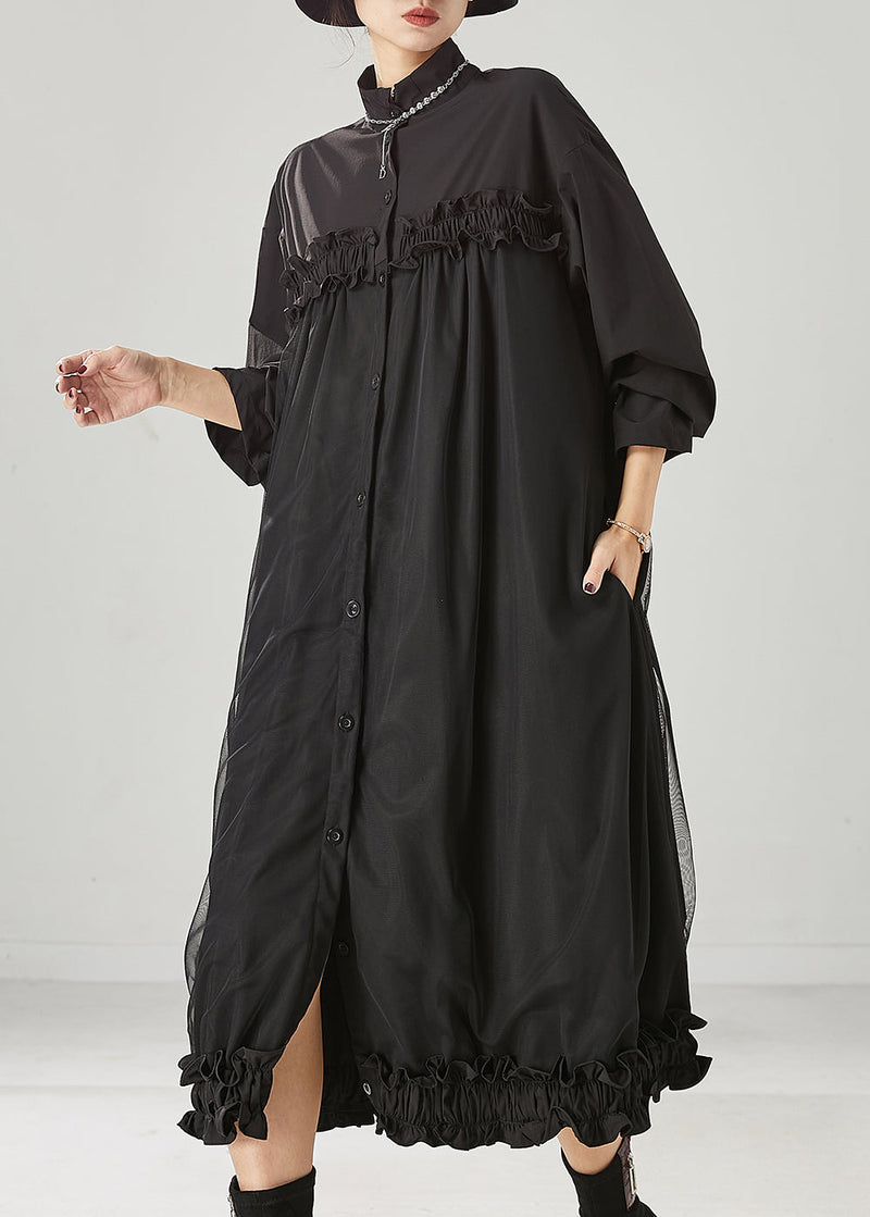 Black Ruffled Patchwork Tulle Cotton Maxi Dress Spring