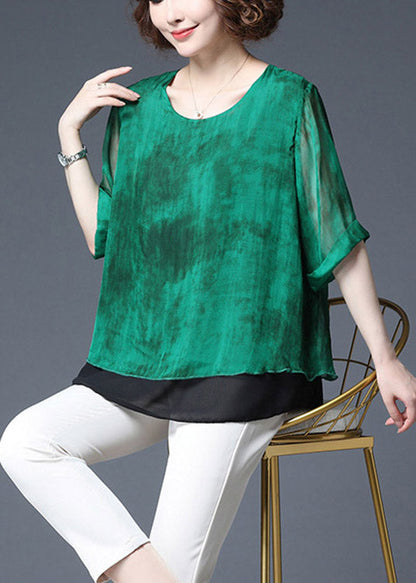 Green Layered Design Chiffon Tops Side Open Half Sleeve