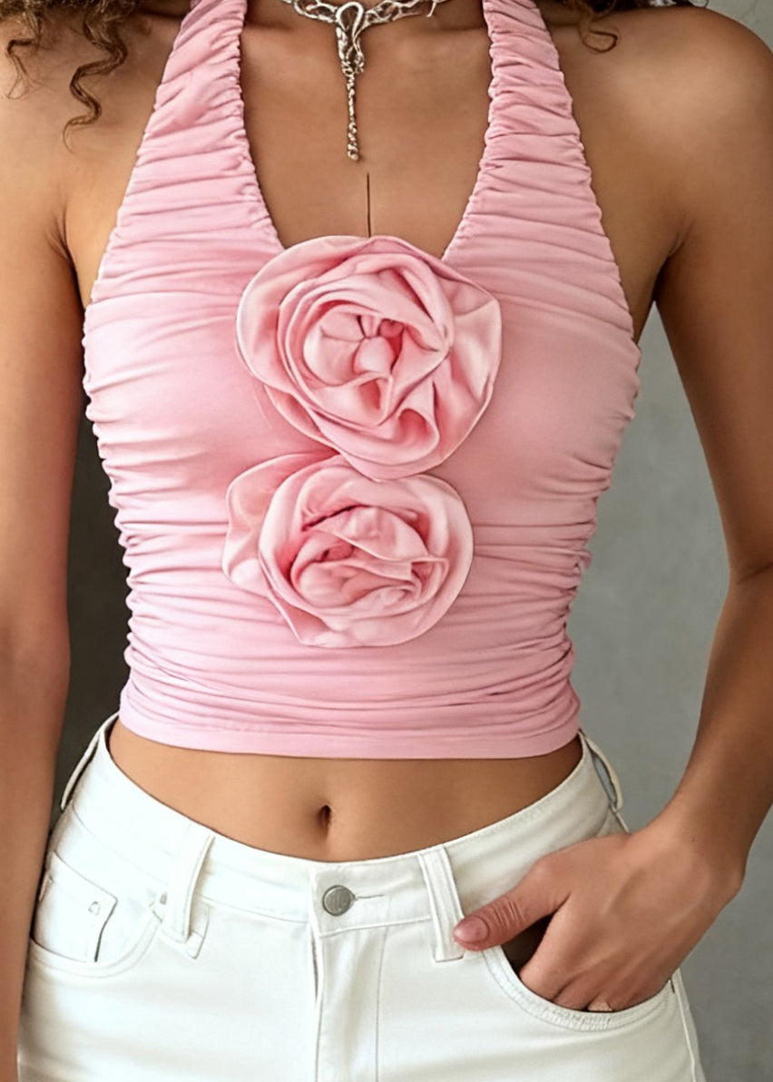 Pink Backless Wrinkled Cotton Tank Sleeveless