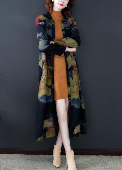 Black Turn-down Collar Print Cotton Long Trench Coats Long Sleeve