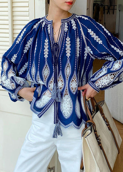 Loose Blue Hollow Out Lace Up Cotton Blouses Spring