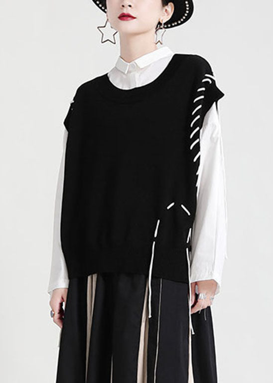 Black Knit Vest O-neck Drawstring Asymmetrical Spring