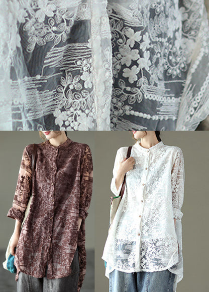 Loose White Hollow Out Lace Upf 50+ Shirts Long Sleeve