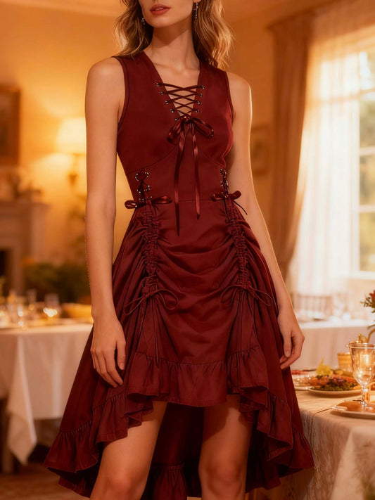 French Cross Strap Drawstring Cotton Party Dresses Sleeveless