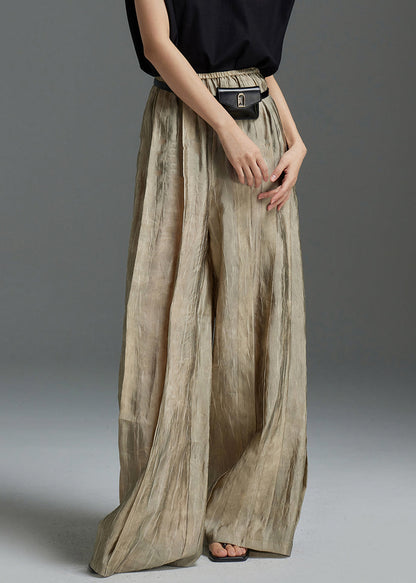 Modern Khaki Wrinkled Elastic Waist Silk Pants Spring