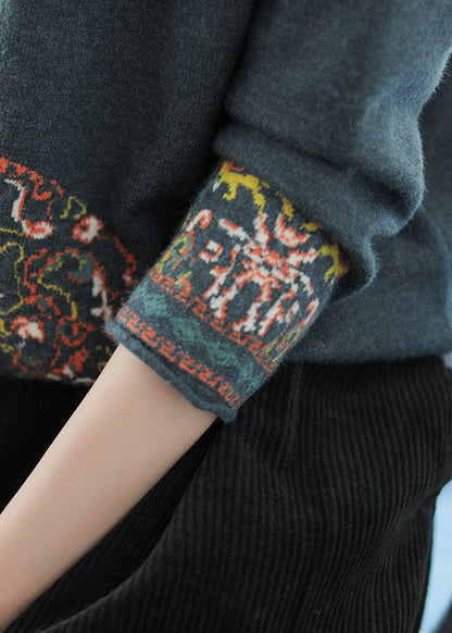 Blue Green O-neck Jacquard Fall Knit Sweater