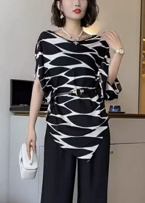 French Black Print Sashes Cotton Shirts Asymmetrical Batwing Sleeve